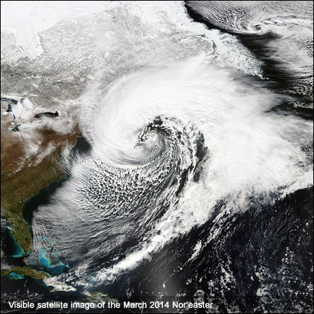 Visible satellite image of the March 2014 Nor'easter.